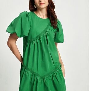 ADOR Vibrant Green Mini Dress with Puff Sleeves